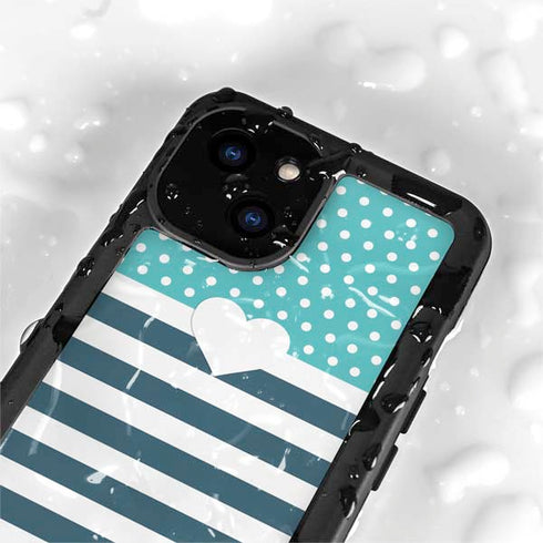 Polka Dots and Stripes Heart in Blue iPhone 15 Waterproof Case